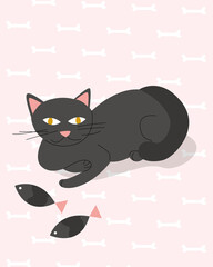 Gray cat on the background of a pink pattern with bones. Vector illustration.