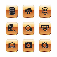 Set Server, Data, Web Hosting, Laptop with exclamation mark, Browser setting, Arrow growth gear, Document search, shield, Cost reduction and Cloud computing lock icon. Vector