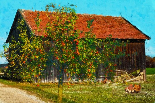 Acryl paintings of a traditional barn on a farm.