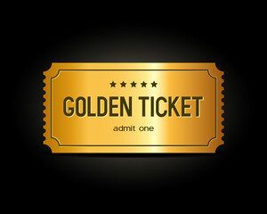 3d golden tickets. Three-dimensional golden ticket with stars and the inscription 