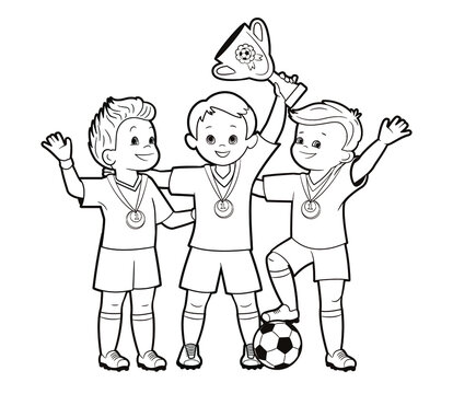 Coloring book: three young soccer players with medals around their necks celebrating victory in a football match holding a cup in their hands.Vector illustration, cartoon, black and white line art