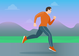 guy or man in sportswear jogging, running in the fresh air. Landscape with forest or park on the background of jogging road. Sports vector illustration, outdoor sport concept
