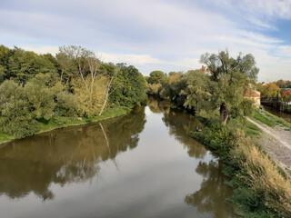 spring landscape near Danube river in Regensburg city, Germany
