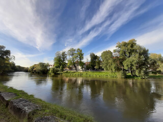 spring landscape near Danube river in Regensburg city, Germany