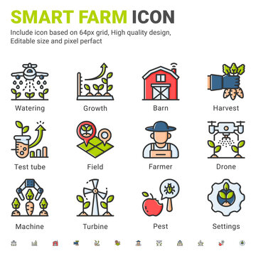 Vector smart farm icon set isolated on white background. Illustration outline color symbols of technology agriculture, Innovation farmer management concept icon for digital farming elements and other