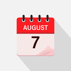 August 7, Calendar icon with shadow. Day, month. Flat vector illustration.