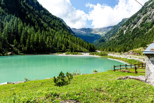 Lake of the fairies to Macugnaga. Artificial lake formed when it was made the barrage of the torrent Quarazza to produce electricity. Piemonte, Italy