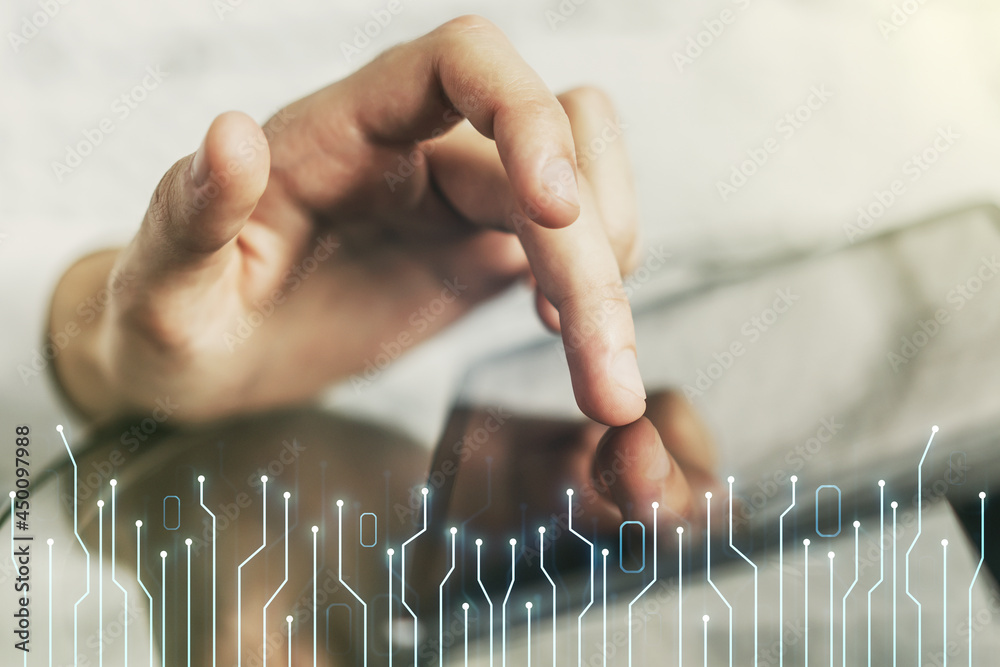 Aufkleber double exposure of circuit hologram and finger clicks on a digital tablet on background. research an