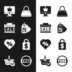 Set Price tag with Sale, Shopping building and sale, Monitor shopping basket, Handbag, Discount percent heart, Shoping dollar, Free and check mark icon. Vector