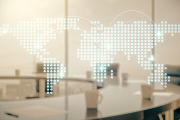 Abstract virtual world map with connections on a modern conference room background, international trading concept. Multiexposure