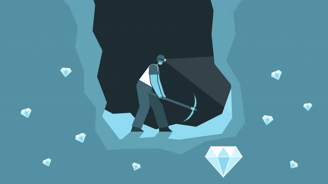 Flat man miner working with mining pickaxe in mine with precious stones. Flat Design Cartoon Character Loop 2d Animation