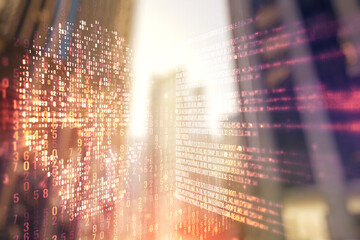 Abstract virtual code skull hologram on modern architecture background, cybercrime and hacking concept. Multiexposure