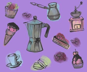 
A set of illustrations - everything for coffee. On a purple background. A lot of coffee.
Coffee maker, coffee grinder, cakes. Beautiful print for a tablecloth in a restaurant. beautifully uniform fo