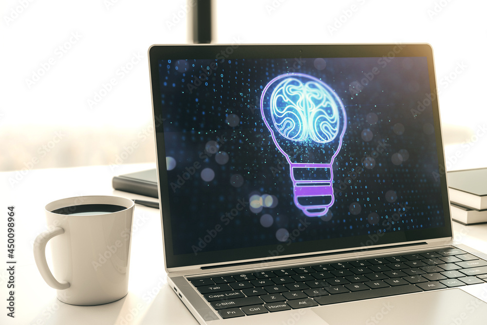 Poster Creative light bulb illustration with human brain on modern computer monitor, future technology concept. 3D Rendering