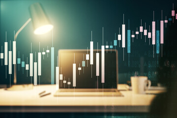 Fototapeta premium Multi exposure of abstract creative financial chart on computer background, research and analytics concept