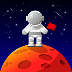 Astronaut in space in a spacesuit with a flag on his hand on a red orange planet stars night vector illustration wallpaper cartoon boy art cute rocket