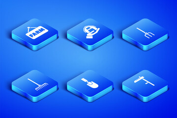 Set Scythe, Signboard with text Farm, Garden trowel spade or shovel, rake, house in hand and pitchfork icon. Vector