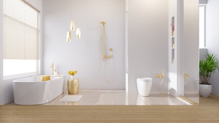 Fototapeta na wymiar Interior of modern white bathroom with wooden floor and gold tone decoration. front view 3d rendering