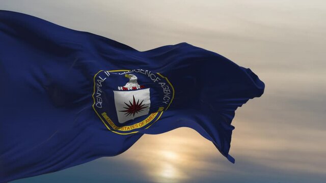 
The flag with the symbols of the American special services and intelligence flies against the background of the dark sky with clouds. Central Intelligence Agency flag lettering, united states.
