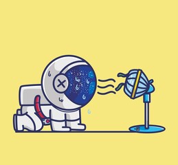 Cute Cartoon astronaut character cooling himself using a blowing fan when summer day and hot weather. Cartoon Flat Style Icon illustration Premium Vector Logo
