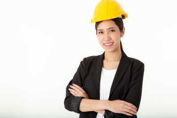 Portrait young attractive Engineer, entrepreneur or architect business woman smiling and wearing yellow hard hat and black formal uniform isolated on white background in studio.