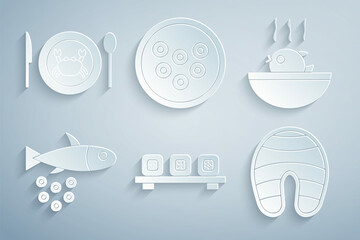 Set Sushi on cutting board, Puffer fish soup, Fish with caviar, steak, Caviar plate and Served crab icon. Vector