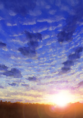 遠近感のある秋の夕暮れ、朝日、鱗雲