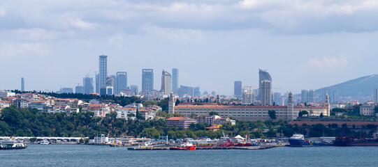 Panoramic view of Istanbul showing Istanbul  Skyscrapers and the Water Transport in Istanbul on the Bosporus.