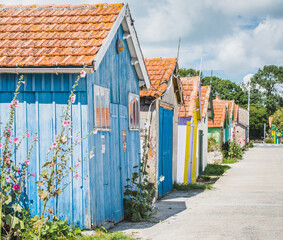 Colorful cabins on the port of the Château d'Oléron