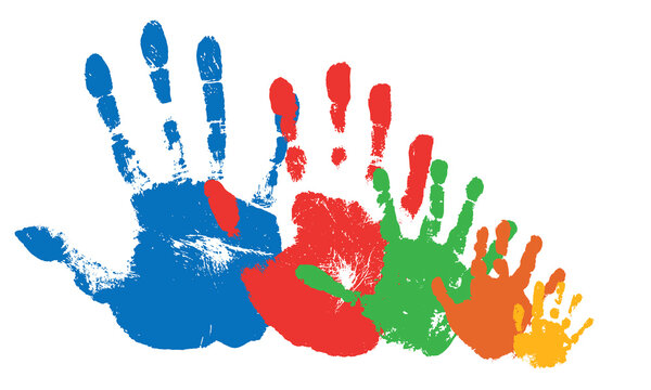 Hand prints of large family. Texture of handprints of mother, father and three children. Human fingers and palm of hands. Vector illustration