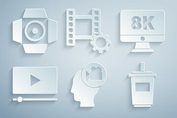 Set Head with camera, Monitor 8k, Online play video, Paper glass water, Play Video and Movie spotlight icon. Vector