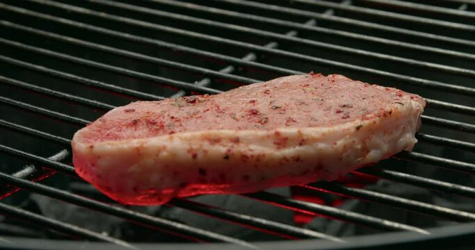 Putting of juicy raw meat on barbecue grill, closeup