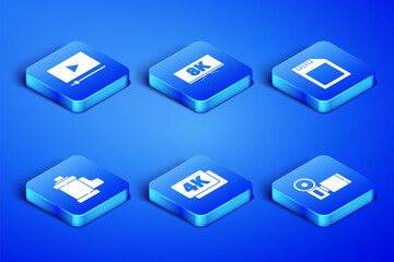 Set Cinema camera, Online play video, 4k Ultra HD, Camera film roll cartridge, Screen tv with 8k and SD card icon. Vector