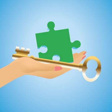 Hand with the golden key, key to success. Vector illustration. Dimension 16:9. EPS10.
