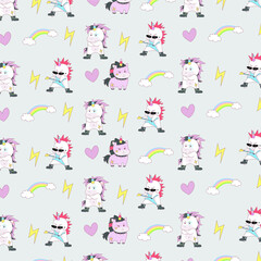 Unicorn seamless pattern. Cute fairy-tale animals. Pony unicorn with rainbow, cloud and star. Magical unicorn. Unicorn background illustration.