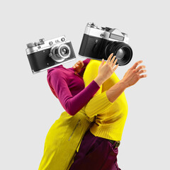 Modern art collage. Two young people, man and woman headed with cameras dancing in bright clothes