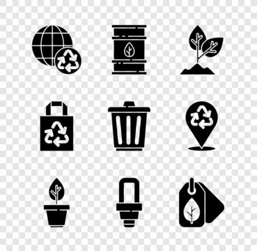 Set Planet earth and recycling, Bio fuel barrel, Plant, pot, LED light bulb, Tag with leaf, Paper bag recycle and Trash can icon. Vector