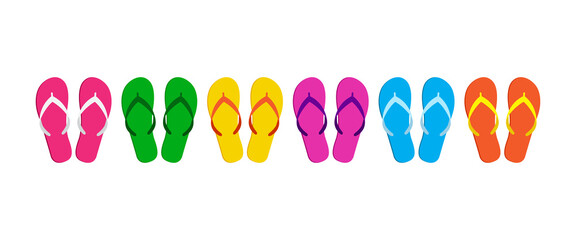 Flip flip vector icon, summer beach slippers, sea sandal set, cartoon footwears. Colorful illustration