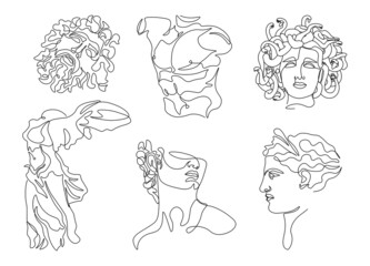 One line ancient greek sculptures. Greece mythology statues continuous line, david medusa gods head torso. Hand drawn vector art