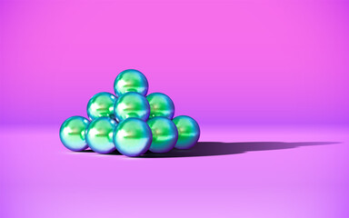 Chrome metal balls in pyramid stack with abstract calm and relaxing background