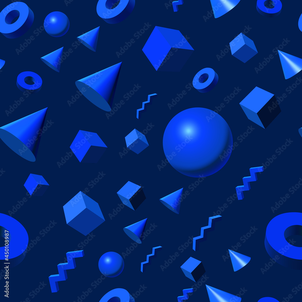Poster seamless pattern with golden 3d shapes flying over aqua menthe green backdrop, abstract background f