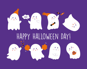 Set of cute vector happy ghosts icons. Ghost shadow funny. Childish spooky boo characters for kids. Magic scary spirits with different emotions and face expressions. Happy Halloween illustration. 