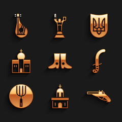 Set Ukrainian footwear, Church building, Vintage pistols, Medieval sword, Garden pitchfork, trident and Bandura icon. Vector