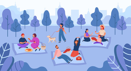 Happy people spending time on picnic outdoors. Flat vector illustration. Cartoon families getting rest in spring nature, enjoying sakura blossom in city park. Landscape, family, nature concept