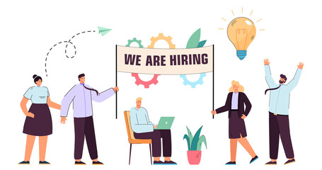 Team of office workers hiring new employees for company. Choosing people through job interview flat vector illustration. HR, recruitment, work concept for banner, website design or landing web page