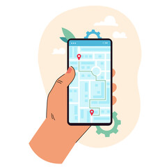 Hand of cartoon person holding cell phone with map application. Online map of city with location pin on smartphone screen, route, mobile app flat vector illustration. Technology, navigation concept