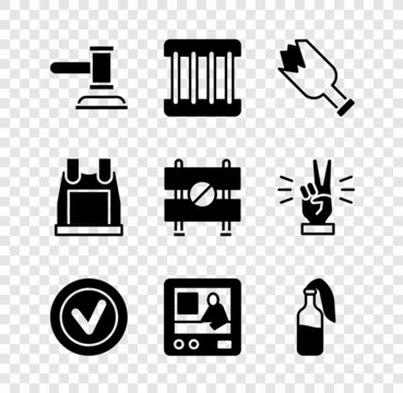 Set Judge gavel, Prison window, Broken bottle as weapon, Check mark round, Television report, Cocktail molotov, Bulletproof vest and Road barrier icon. Vector
