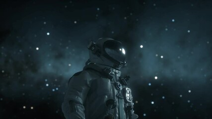 The astronaut on a new unknown snow planet under alien stars. Animation for fantasy, futuristic or space travel backgrounds