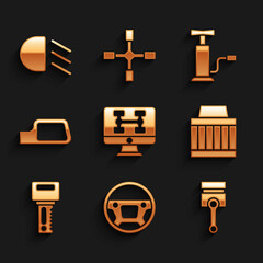 Set Diagnostics condition of car, Steering wheel, Engine piston, Car air filter, key with remote, mirror, pump and High beam icon. Vector