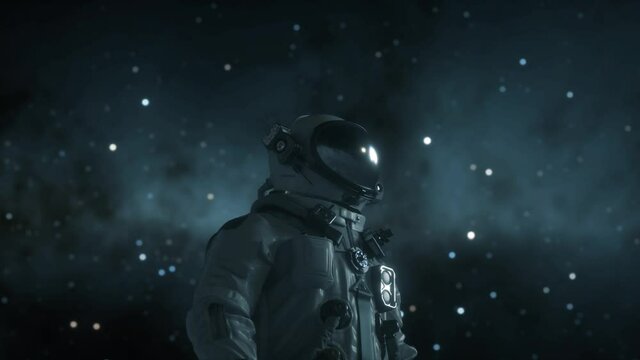 The astronaut on a new unknown snow planet under alien stars. Animation for fantasy, futuristic or space travel backgrounds